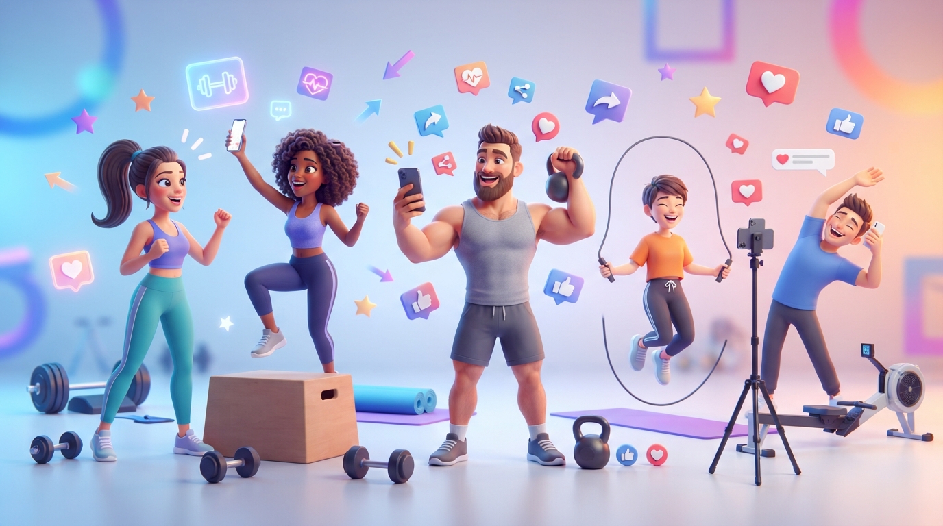 A professional fitness trainer recording a candid video in a gym setting for social media content.