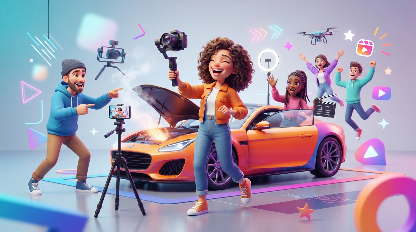 A sleek sports car parked under neon lights with a camera rig preparing to shoot a vertical video hook for Instagram Reels.