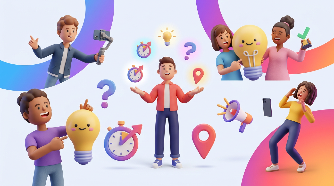 A content creator brainstorming ideas with sticky notes on a wall, surrounded by social media icons and short-form video frames, illustrating content angle generation.