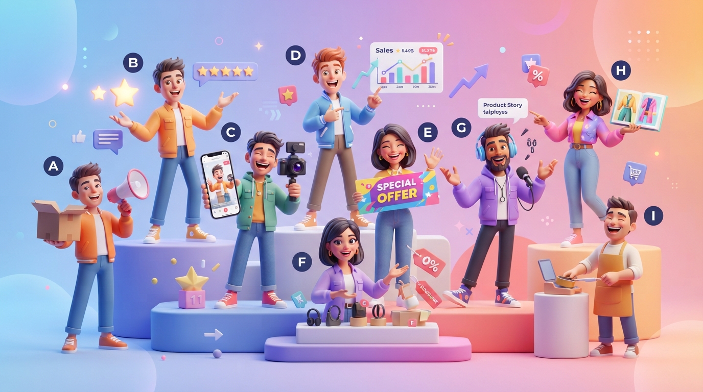 A split-screen illustration showing an online store product on one side and a multi-angle social media video editing timeline on the other.