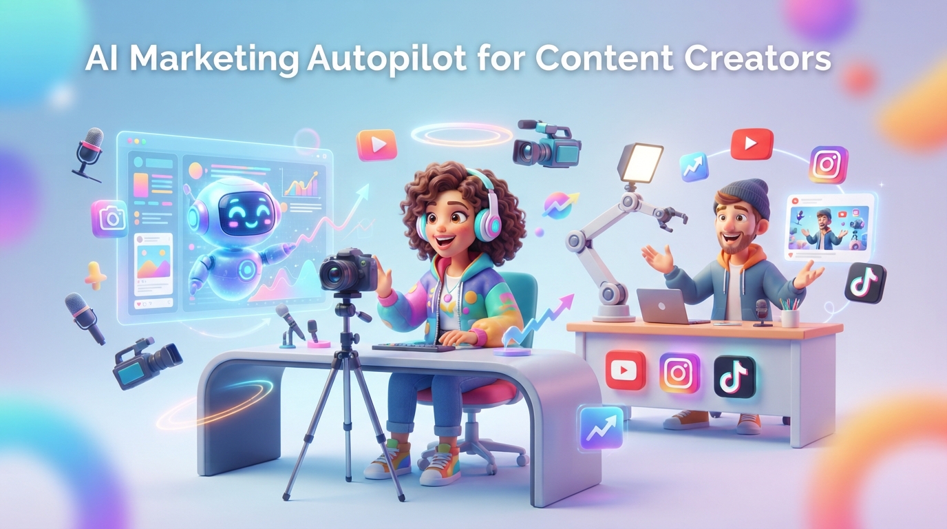 A modern content creator dashboard showing automated video editing, content calendar schedule, and multi-platform publishing pipelines.