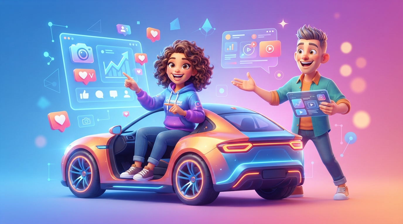A modern car showroom with digital screens displaying AI-generated short-form videos for social media marketing.