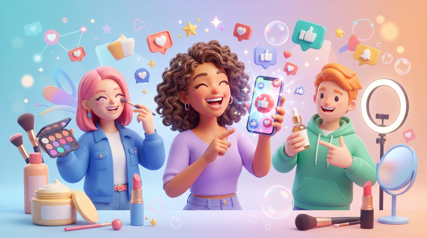 A digital dashboard showing skincare product video analytics and AI-generated influencer content for a beauty brand.