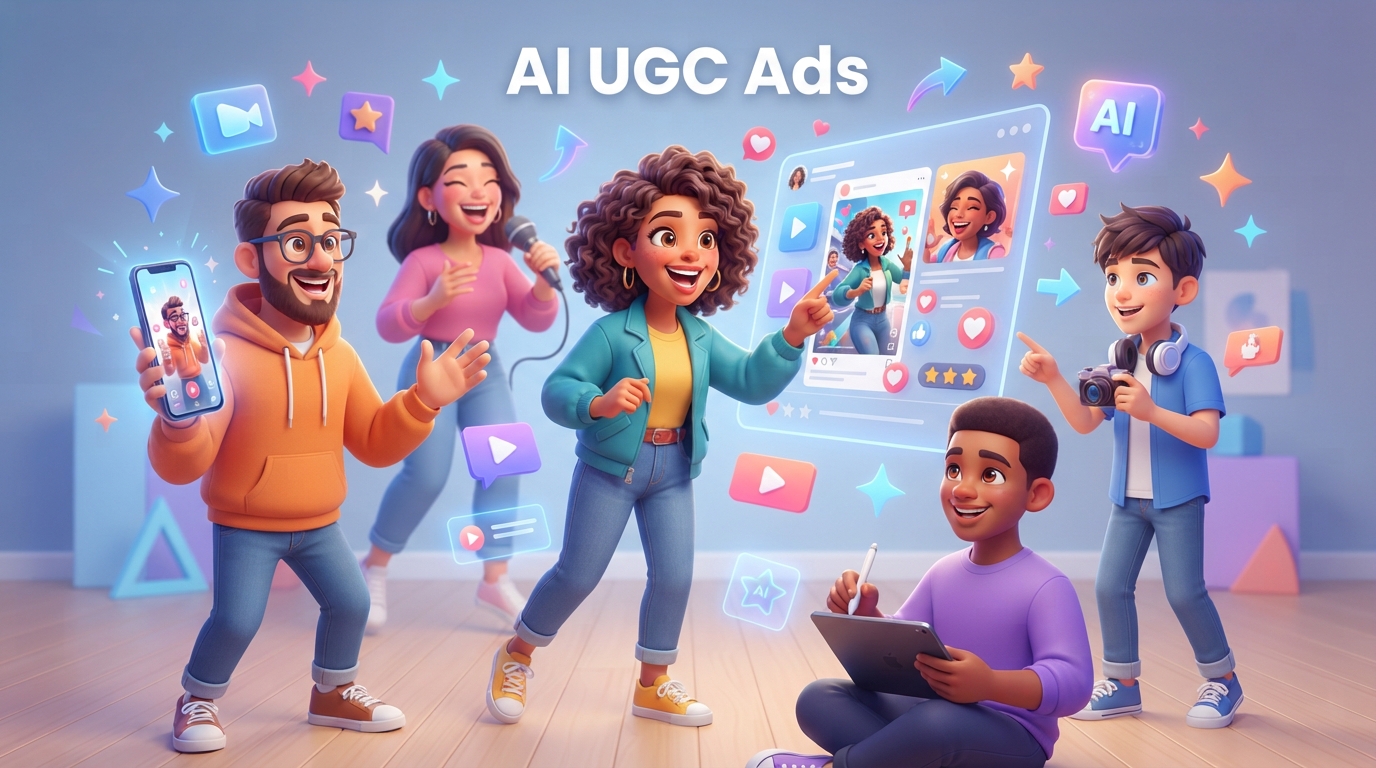 An interface showing an AI UGC ad being edited on a dashboard with customizable avatar, script, and visual hook elements.