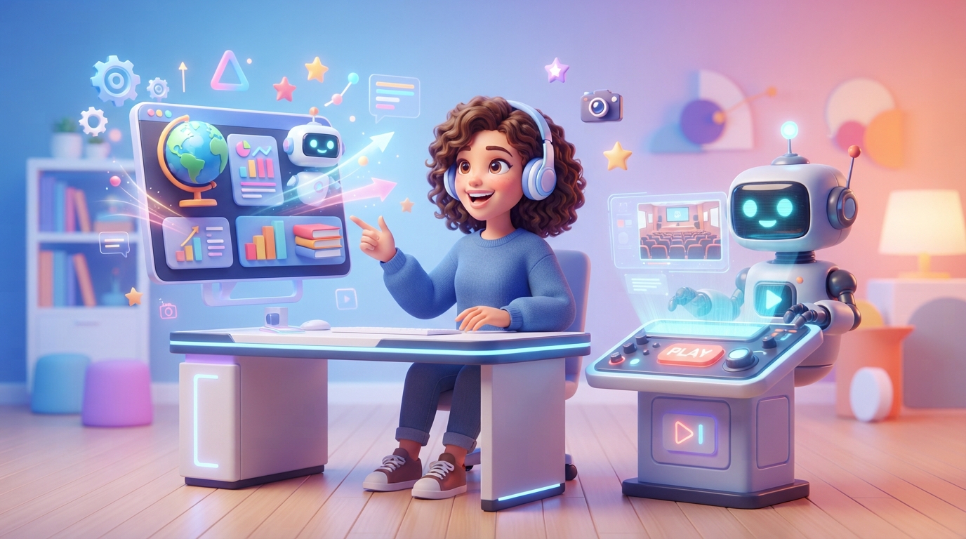A digital dashboard showing automated short-form video generation for an online education brand with a consistent AI instructor avatar.
