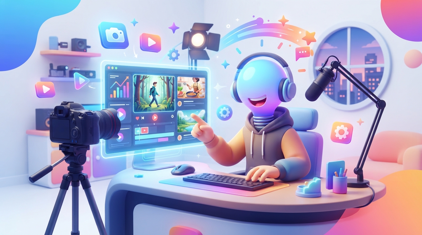 A digital dashboard showing video analytics and automated content scheduling for a faceless YouTube channel