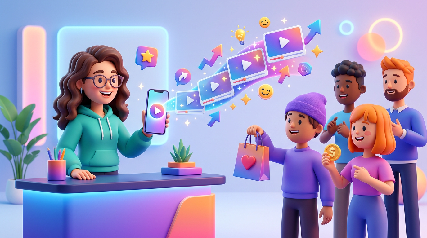 A content creator or influencer reviewing AI-generated short-form videos on a tablet, with social media logos and dollar signs in the background, symbolizing conversion and growth.
