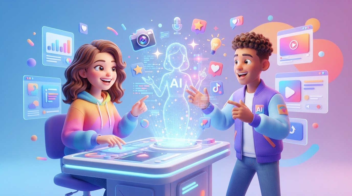 A digital dashboard showing the creation process of a consistent AI avatar for educational social media channels.