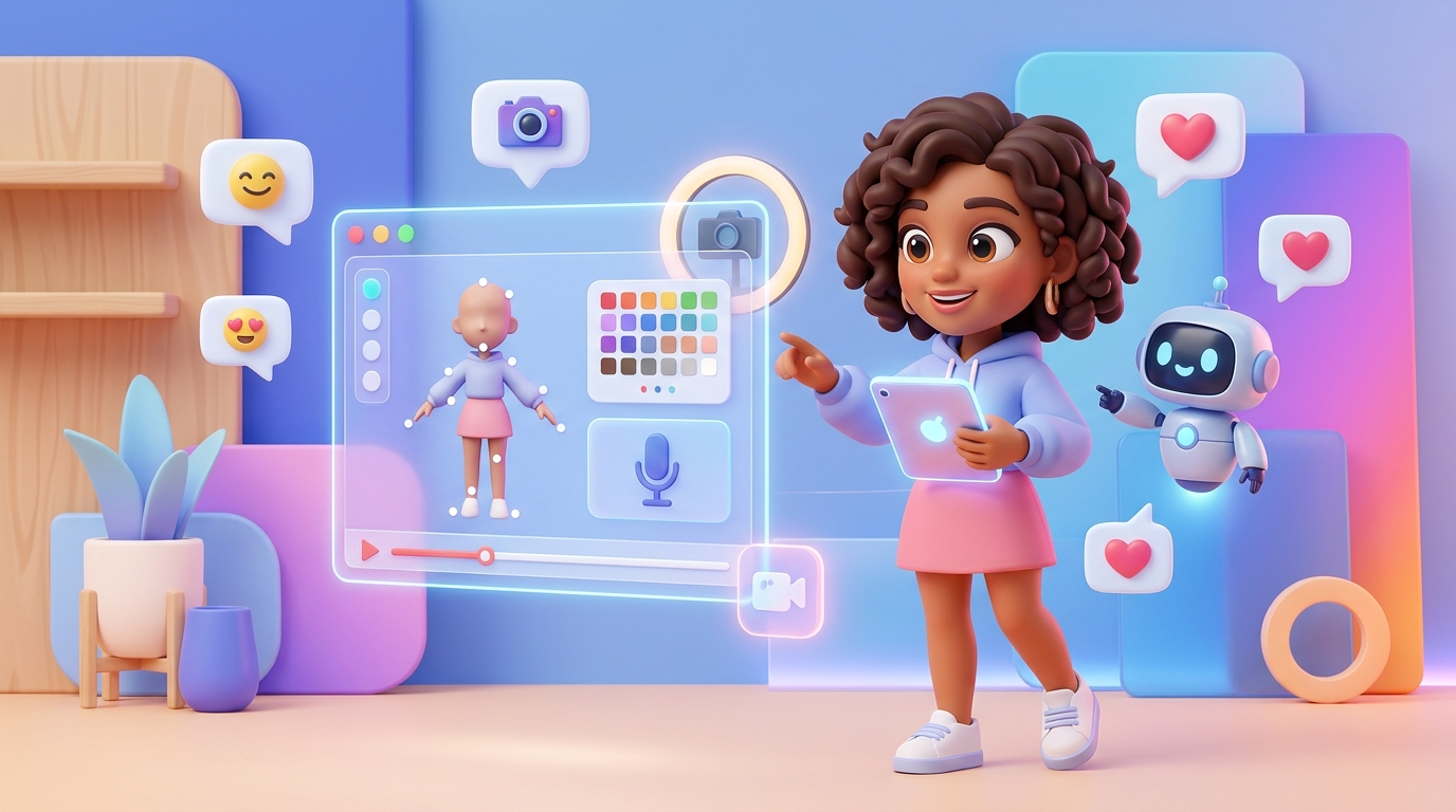 An AI-generated influencer character speaking to the camera, surrounded by social media icons, illustrating the process to create an AI influencer.