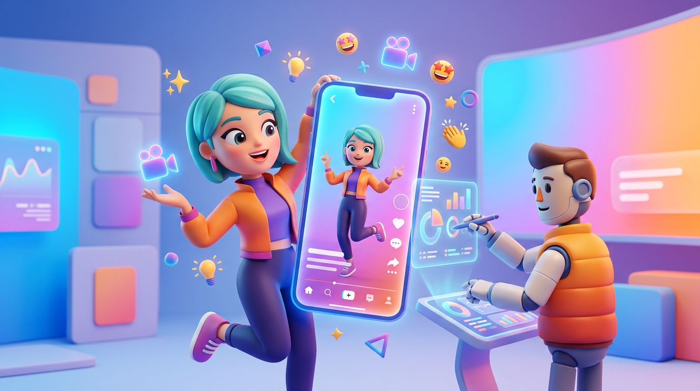 An AI-generated influencer presenting a short video on a smartphone screen, with YouTube Shorts interface elements visible in the background, representing future content creation.