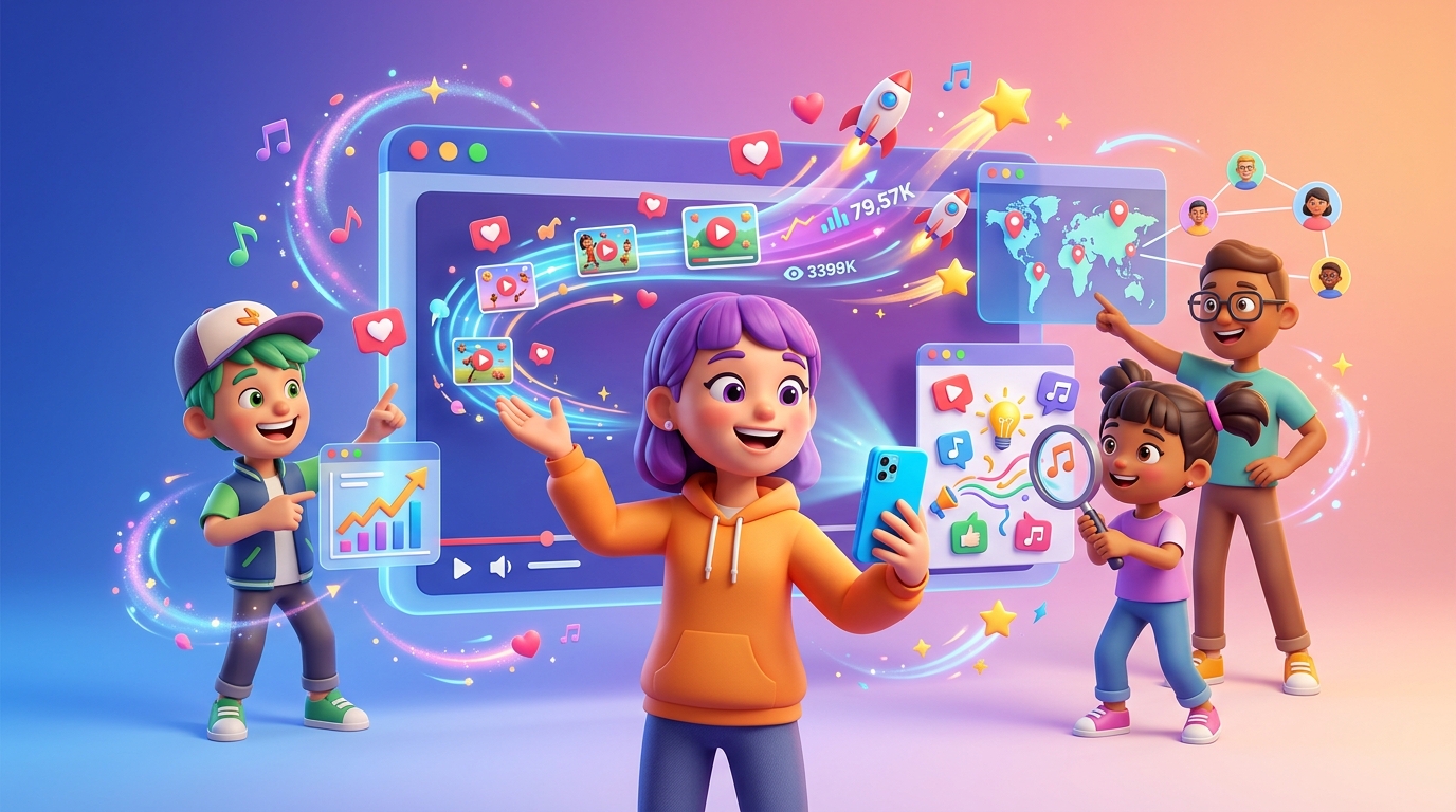 A person looking at a phone screen displaying TikTok short-form videos with analytics overlays, representing growth and views.