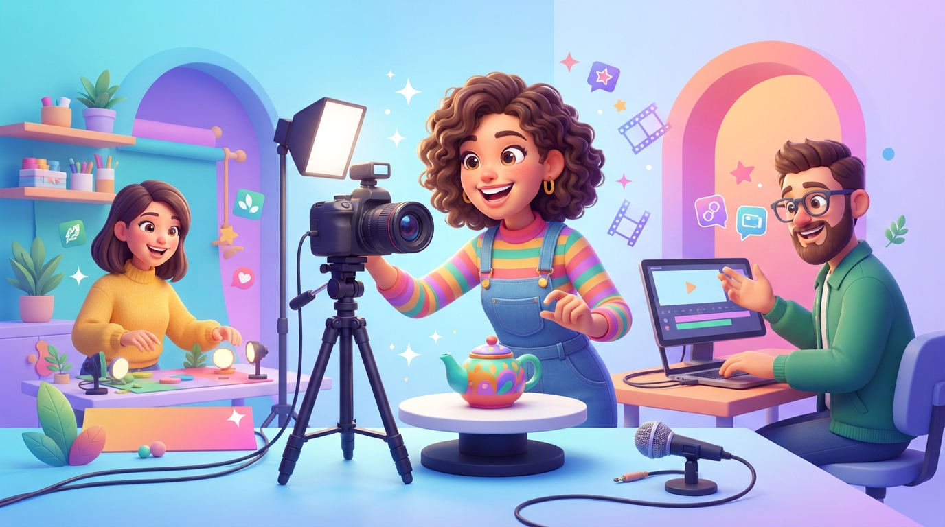 A small business owner filming a handmade ceramic mug on a wooden table using a smartphone mounted on a tripod with a ring light.