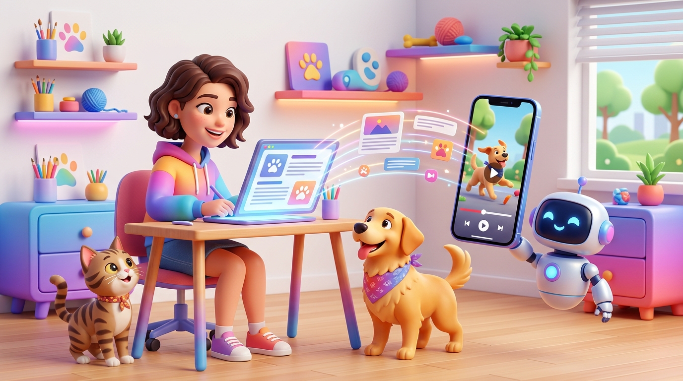 A hand holding a smartphone displaying a short-form video about pet care, with a laptop in the background showing a blog post.