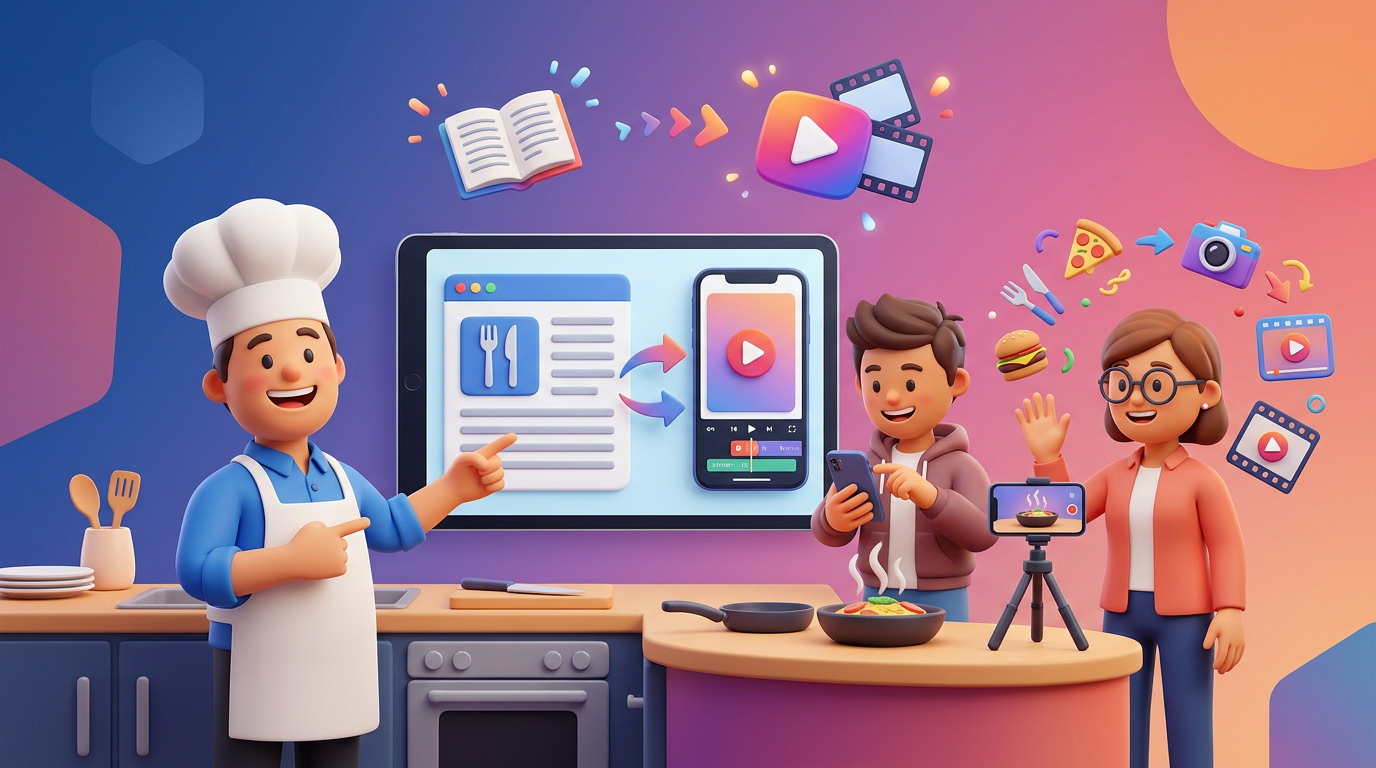 A chef looking at a tablet showing a blog post being converted into a TikTok video layout