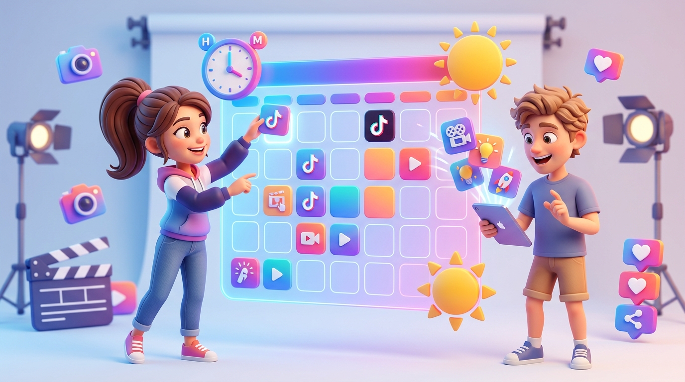 A digital calendar showing a full month of scheduled TikTok videos with a production checklist