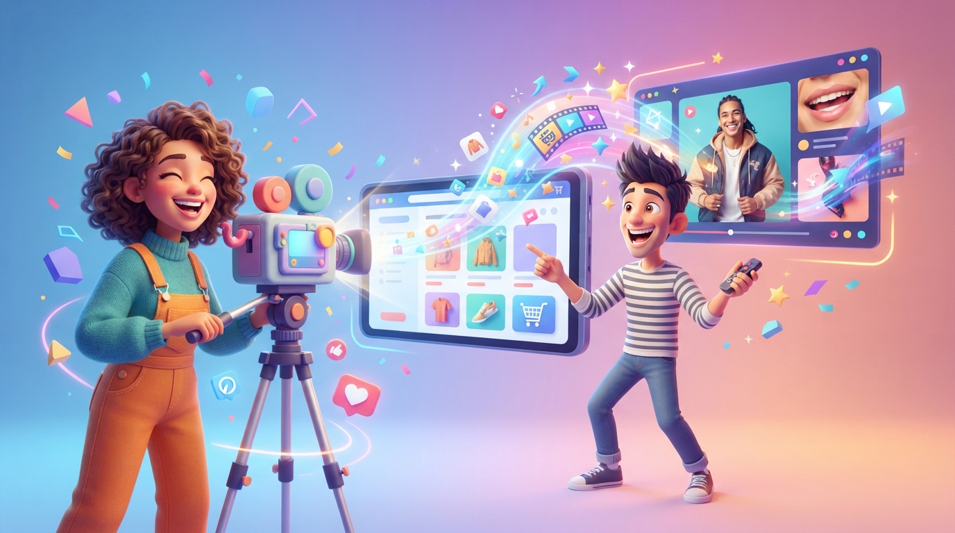 A laptop showing an ecommerce website being transformed into a vertical mobile video for TikTok and Instagram Reels.