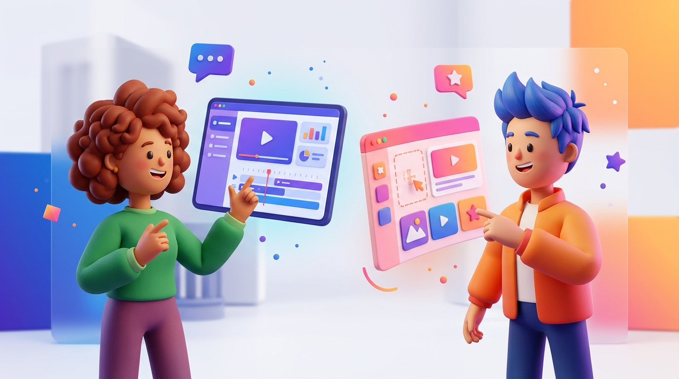 Side-by-side comparison illustrating Market4Me.ai's AI automation and Canva's manual design for SaaS demo clips.