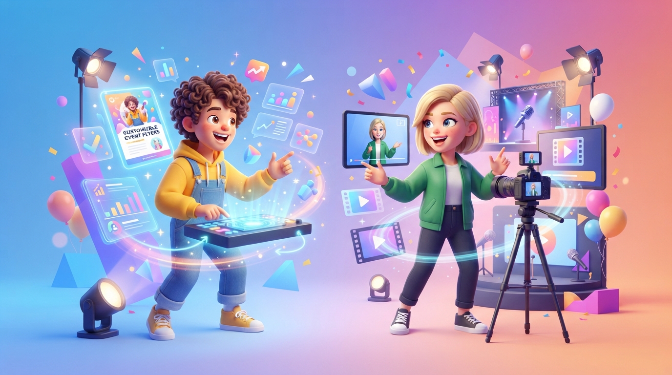 Side-by-side comparison dashboard showing AI video generation for event marketing
