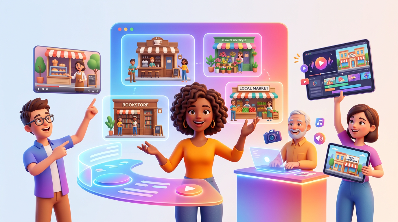 Comparison grid showing various AI video tools suitable for local business promotions, with a spotlight on generating short-form video content.