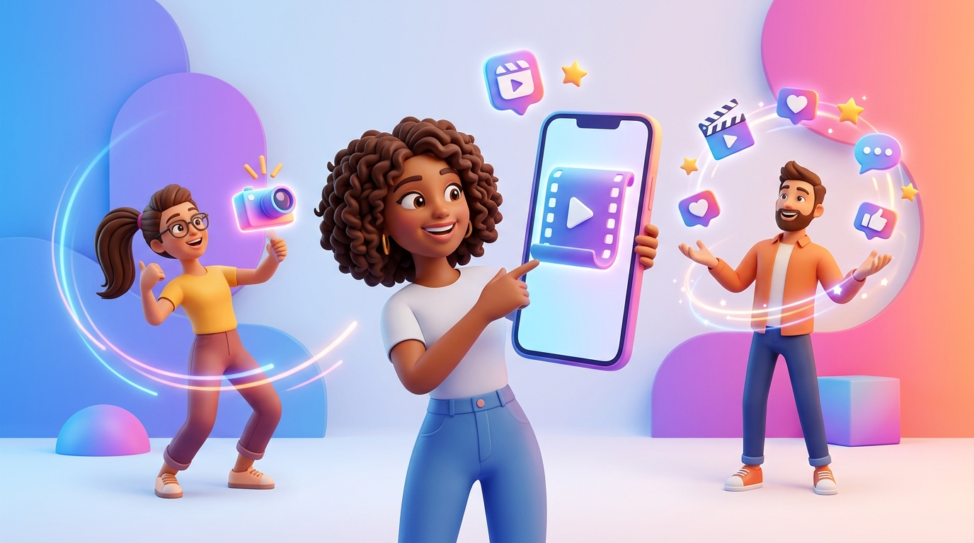 A phone screen displaying a short-form video, with various social media app logos (TikTok, Instagram, YouTube) floating around it, representing short-form video marketing.